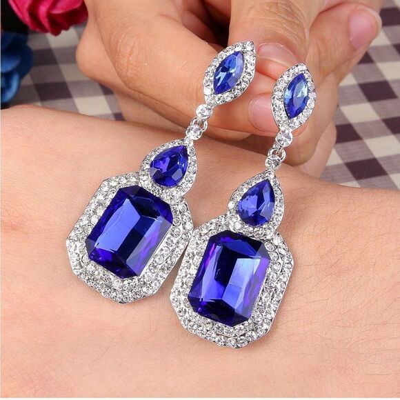 Silver with Blue Sapphire Austrian Crystal Infinity Chandelier Post Earrings - Picture 3 of 5